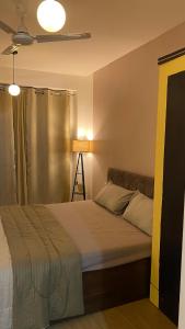a bedroom with a bed and a lamp at Flat in Viman Nagar in Pune