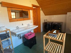 een badkamer met wastafel en wasmachine bij Villa Verdi in Fischerndorf