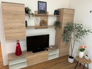 een woonkamer met een tv op een plank bij Casalileo in San Giovanni Suèrgiu