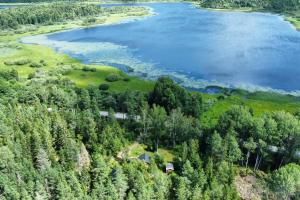 an aerial view of a lake and a house at Schwedentraum 