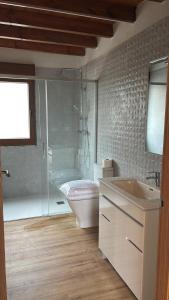 ein Badezimmer mit Dusche, Toilette und Waschbecken in der Unterkunft Casa de Aldea EL AVELLANU in Bierces