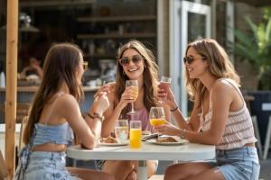 Tres chicas sentadas alrededor de una mesa bebiendo jugo de naranja en Camping 4 étoiles - ccbcagb, en Le Gillieux