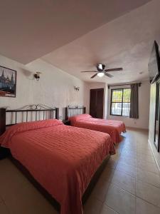 图斯特拉古铁雷斯Hotel Uke Inn Terán的一间带两张床和吊扇的卧室