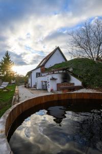 ein weißes Gebäude mit einer Brücke über einen Teich in der Unterkunft Házikó Balatonalmádi in Balatonalmádi