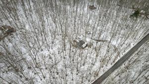 Great CacaponDog-Friendly w Hot Tub, Fire Pit & River Access的俯瞰视角，可以看到积雪覆盖的树木和一条道路