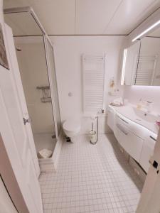 ein weißes Badezimmer mit Toilette und Waschbecken in der Unterkunft Seeseite - Romantik - Apartment in Timmendorfer Strand