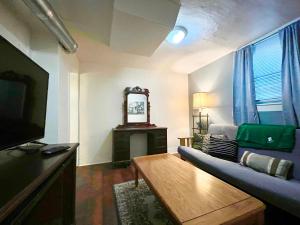 Johnson CityCheerful Studio short walk to UHS near Lourdes & BU的带沙发和镜子的客厅