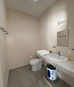 a white bathroom with a toilet and a sink at Villa del Mar, un espacio funcional y bien ubicado in Progreso +23 photos