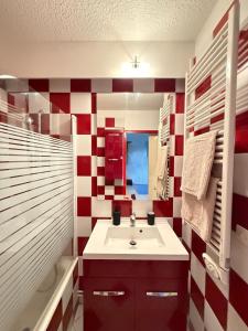 een badkamer met een witte wastafel en rode en witte tegels bij Métamorphose Au Sommet in Prénatier