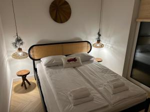 莫斯纳Domek Las&Luz Moszna BALIA的一张位于带两盏灯和一张四面床的房间里的床