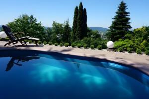 ein blauer Pool mit einer Bank und Bäumen in der Unterkunft Ferienhaus zum Frankenblick in Sonneberg
