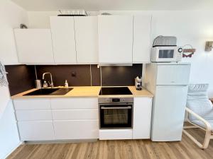 una cucina bianca con lavello e frigorifero di Pause détente vue montagnes a Seyssinet-Pariset Altre 3 foto