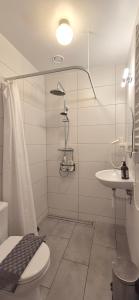 um banheiro com chuveiro, vaso sanitário e pia em Slitebadens Annex em Slite mais 82 fotografias