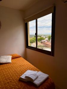 a bedroom with a bed and a large window at Departamento en el corazón de Villa Carlos Paz in Villa Carlos Paz