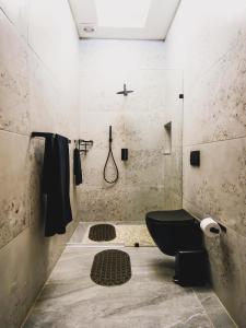 bagno con servizi igienici neri e lavandino di Hudson Haven Bed & Breakfast a Pietermaritzburg