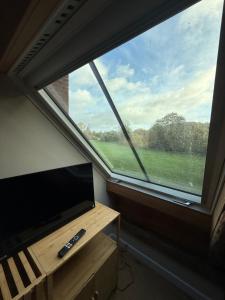 LageNanas Scheune的房间里有一扇窗户，窗户旁有一台平板电视 更多1张照片