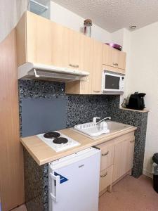 eine kleine Küche mit Spüle und Kühlschrank in der Unterkunft le primo - Château - Ville in Château-Chinon