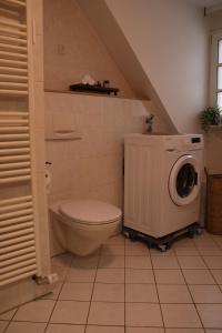 a bathroom with a toilet and a washing machine at Panorama Domblick in St. Blasien