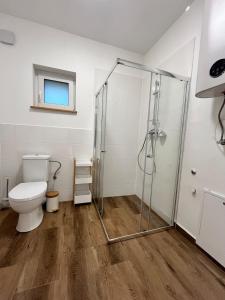 een badkamer met een toilet en een douche bij Whispering Woods Cabin in Milicz +22 foto's