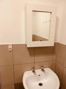 een badkamer met een witte wastafel en een spiegel bij Fanieta Lagoon in Vosburg