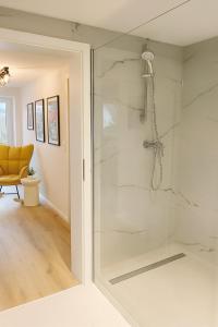 Un baño con ducha con puerta de cristal. en Maisonett am Rebhügel-modern wohnen in den Weinbergen, en Bühl 21 fotos más