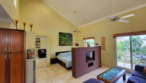 ein Schlafzimmer mit einem Bett und einem Fernseher in der Unterkunft Ocean Dream top floor apt with balcony in Cabarete