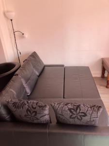 a brown couch with two pillows in a living room at Zentrale Unterkunft in Bern +1 photo