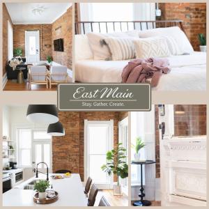 a collage of photos of a kitchen and a bedroom at East Main Your Merry Modern Downtown Getaway in Bowling Green