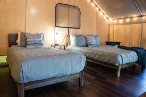 a bedroom with two beds and a mirror on the wall at The Green Heron's Nest - Family Glamping Tent in Red River Gorge in Rogers +37 photos