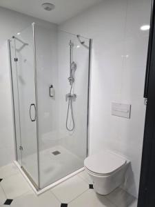 a white bathroom with a shower and a toilet at Czarna Perła Apartamenty Czarna Góra 512 in Sienna