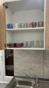 a kitchen shelf with bowls and plates on it at Apartment Ebersheim France in Ebersheim