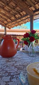 a table with red roses in a vase on it at Chalés Terra Santa Capitólio in Capitólio