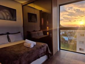 een hotelkamer met een bed en een groot raam bij CURTA! |165| Lindo Studio | Próx Centro de Eventos in Balneário Camboriú