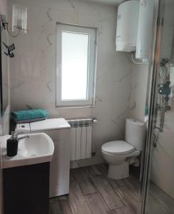 AdamÃ³wDomki całoroczne u Greściaków的带马桶、水槽和窗户的浴室 更多16张照片