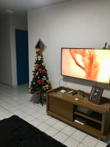 ein Wohnzimmer mit einem Weihnachtsbaum und einem TV in der Unterkunft Home Confort in Garanhuns + 13 Fotos
