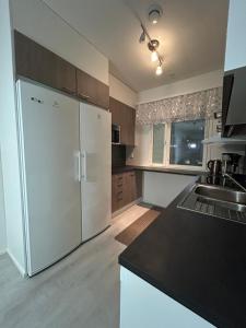 una cucina con un frigorifero bianco e un lavello di Vennin Rauha a Rovaniemi Altre 7 foto