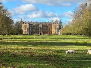 a large house with sheep grazing in a field at The Stable at Woodhouse Farm in Montacute