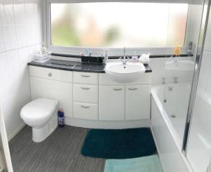 a bathroom with a toilet and a sink and a shower at Cosy 4 Bed House In Solihull Near Town-NEC-BHX in Sheldon