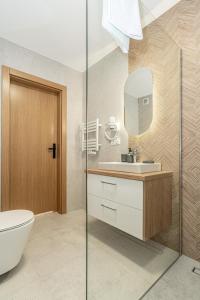 a bathroom with a sink and a toilet and a mirror at Ski Mountain Apartamenty - Plac zabaw - Dmuchaniec - Plac zabaw - Wypożyczalnia rowerów elektrycznych E-Bike Białka in Białka Tatrzańska +82 photos