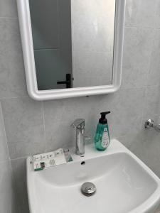 a bathroom sink with a mirror and a bottle of soap at استديو بجلسة بمطبخ مستقل دخول ذاتي 13 in Buraydah