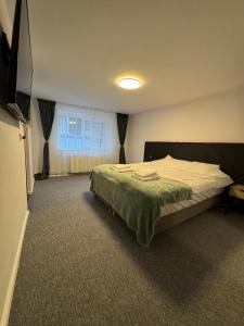 a bedroom with a bed and a window at House in the Heart of Râșnov Old Town in Râşnov