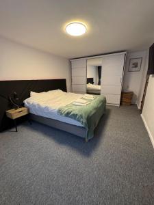 a bedroom with a bed and a large mirror at House in the Heart of Râșnov Old Town in Râşnov