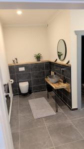 ein Badezimmer mit Waschbecken, Toilette und Spiegel in der Unterkunft Luxus-Apartment Champagner&Strafbock in Herford + 6 Fotos