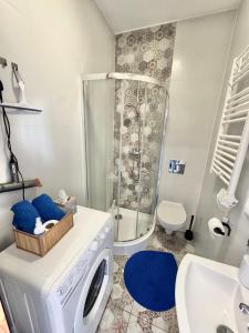 ein Badezimmer mit Waschmaschine und Dusche in der Unterkunft Przy Parku Róż II in Chorzów