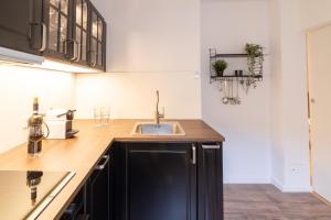 a kitchen with black cabinets and a sink at Zweisam am Alaunpark 