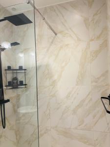 eine Dusche mit Glastür im Badezimmer in der Unterkunft Sweet Escape - Studio privé proche du lac du Der in Frignicourt