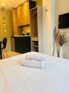 ein Paar Handtücher auf dem Bett in der Unterkunft Sweet Escape - Studio privé proche du lac du Der in Frignicourt + 3 Fotos