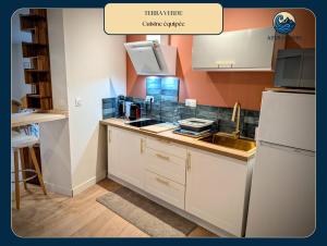 een keuken met een wastafel en een witte koelkast bij Terra Verde Appartement nature tout équipé près de Gap in Gap