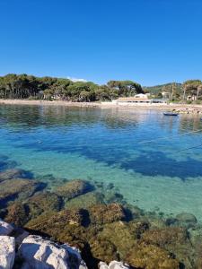 een waterlichaam met rotsen en een strand bij Beau studio rénové tout confort in Saint-Mandrier-sur-Mer