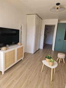 een woonkamer met een flatscreen-tv en een tafel bij Beau studio rénové tout confort in Saint-Mandrier-sur-Mer